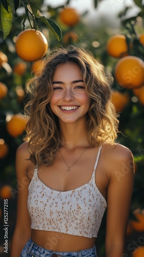 Smiling woman poses among ripe oranges in a sunny orchard during golden hour