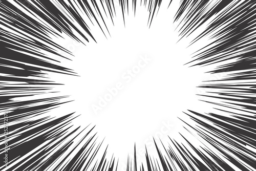 Speed lines comic background. Manga concentric action rays effect. Cartoon radial vector pattern with textured light stripes. Retro black explosion frame on white bg.