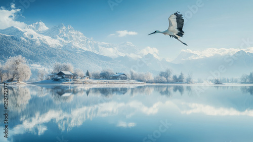 White stork cartoon beautiful wild bird flying in clear sky over natural winter landscape with mountain snow peaks, lake and cottages stand along shore. Ornithology, wildlife Vector illustration