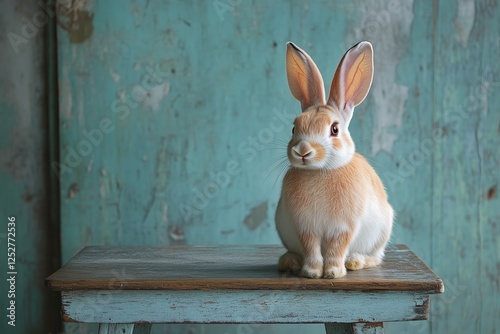 Cute rabbit sitting on a wooden table in front of a textured blue background ...