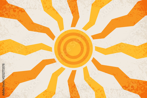 Retro sun background. Abstract wavy sunshine with pattern of groovy rays. Vector summer poster with vintage texture. 70s trippy funky illustration.