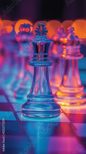 Chess pieces illuminated in vibrant colors on a glossy board during an evenin...