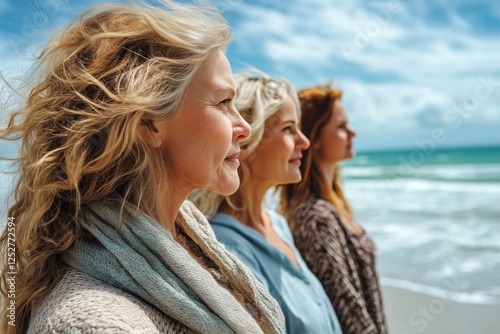 Friends enjoying a peaceful day at the beach with striking ocean views and bl...