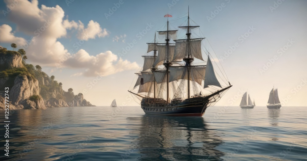 Obraz premium Old sailing ship on a calm sea with sailboats and yachts in the background, ocean views, marine decor, coastal towns