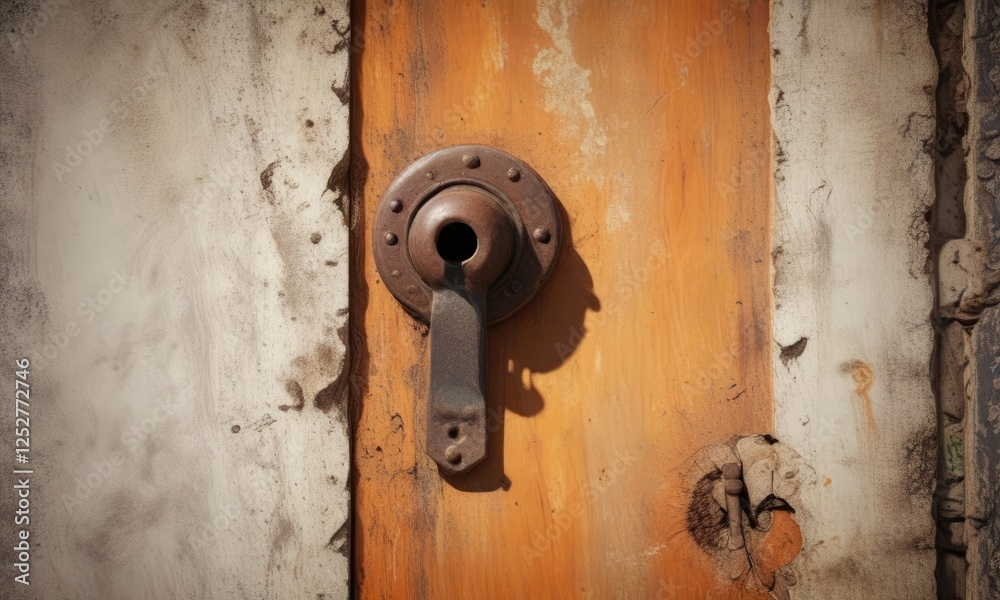 Old, rusty metal keyhole with a worn-out handle, decaying architecture, hidden passage , dusty corner Old, rusty metal keyhole with a worn-out handle, decaying architecture, hidden passage , dusty corner