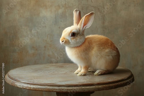 Cute small rabbit sitting on a wooden table in a cozy indoor setting