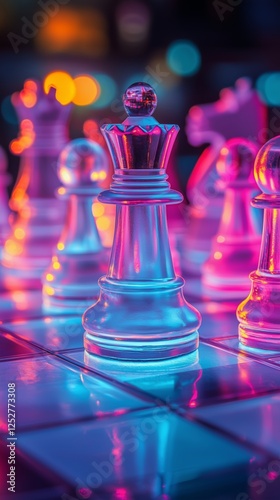 Colorful chess pieces illuminated with vibrant neon lights in an urban settin...