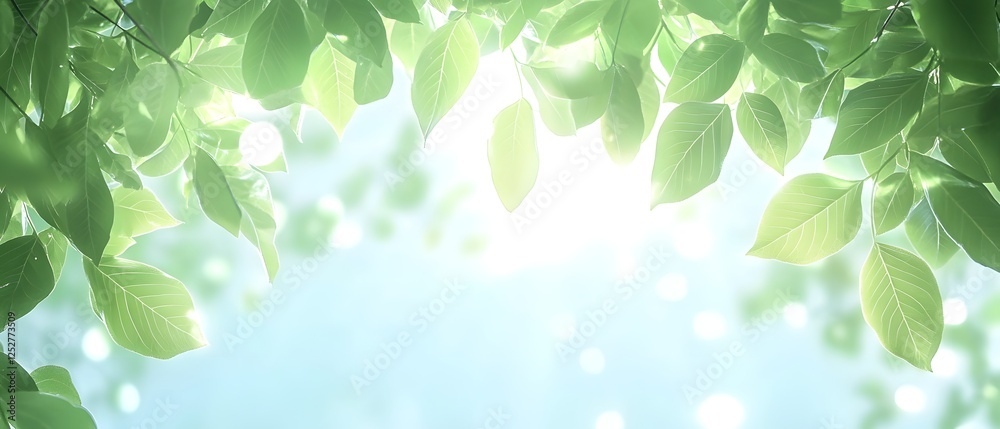 Soft green leaves blending into a glowing summer sky softly illuminated by scattered natural light. Soft green leaves blending into a glowing summer sky softly illuminated by scattered natural light.