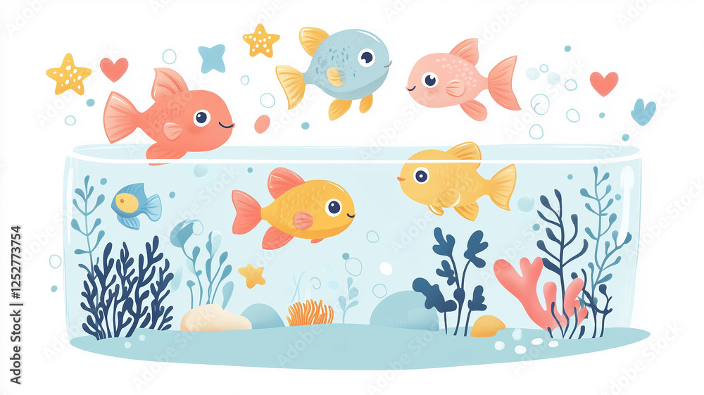 Fototapeta premium Charming aquarium illustration with colorful fish and playful details for kids’ decor.