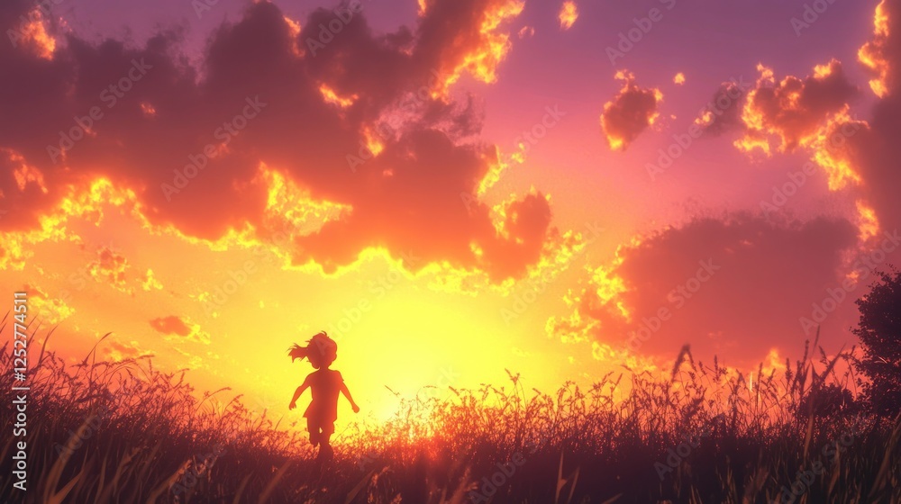 A silhouette of a child running through tall grass at sunset, with vibrant clouds in the background A silhouette of a child running through tall grass at sunset, with vibrant clouds in the background