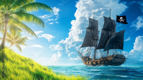 Cartoon summer seascape with pirate ship with black flag floating on sea or ocean water near shore covered with green grass with palm trees and blue sky with clouds. Corsair boat in lagoon near beach.