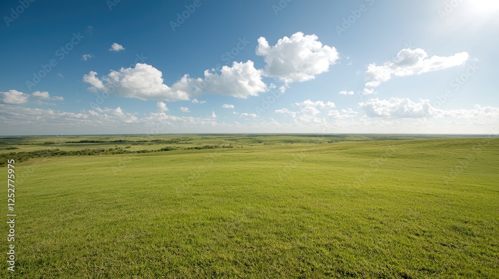 Obraz premium Vast green grassy hills stretch towards the horizon under a bright blue sky with white clouds on a sunny day.