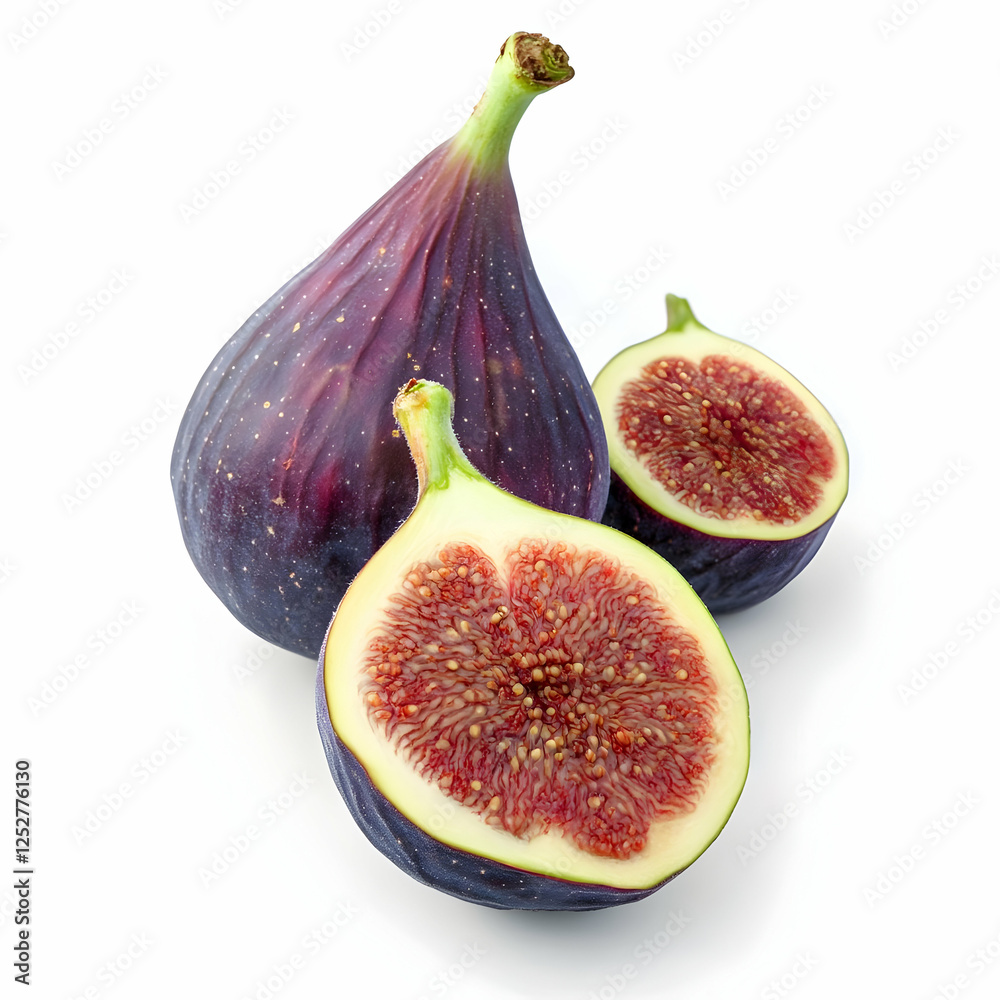 Ripe figs halved on white background, healthy food Ripe figs halved on white background, healthy food