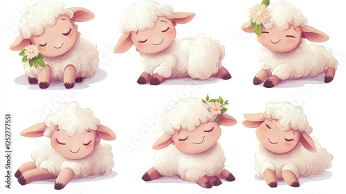Cute sheep animal cartoon set. Little fluffy lamb mascot with funny face and flower on ear. Kawaii character enjoying life, sniff blossom, relaxing, dreaming and walking isolated on white background