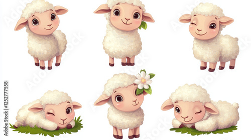 Cute sheep animal cartoon set. Little fluffy lamb mascot with funny face and flower on ear. Kawaii character enjoying life, sniff blossom, relaxing, dreaming and walking isolated on white background