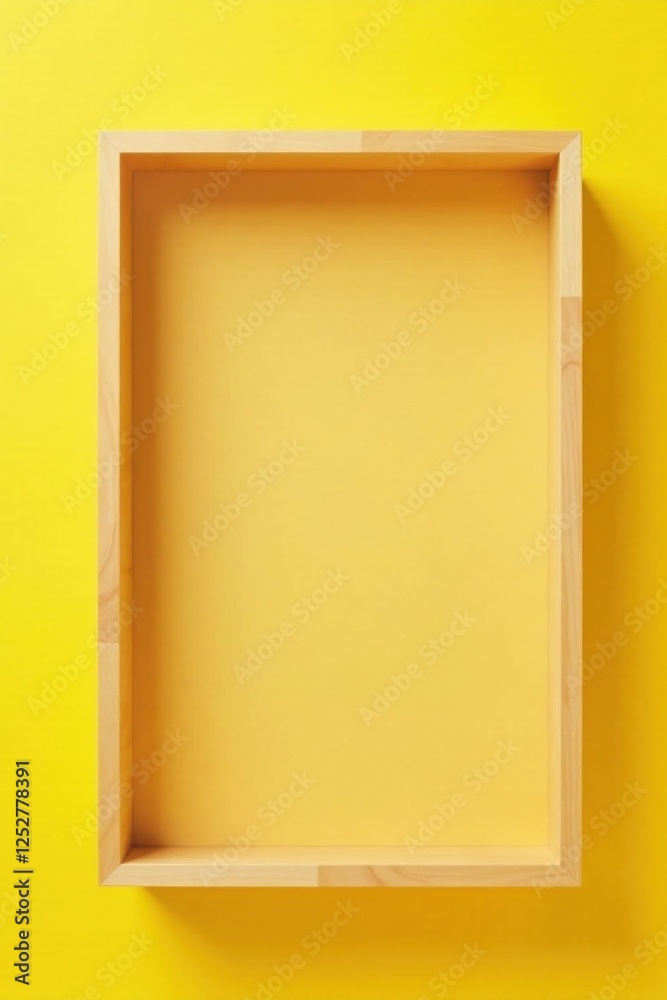 Empty light wood frame on yellow background, ideal for product display or design presentation. Empty light wood frame on yellow background, ideal for product display or design presentation.