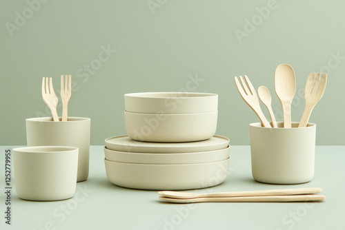 Compostable plates and cups with wooden cutlery on a green background