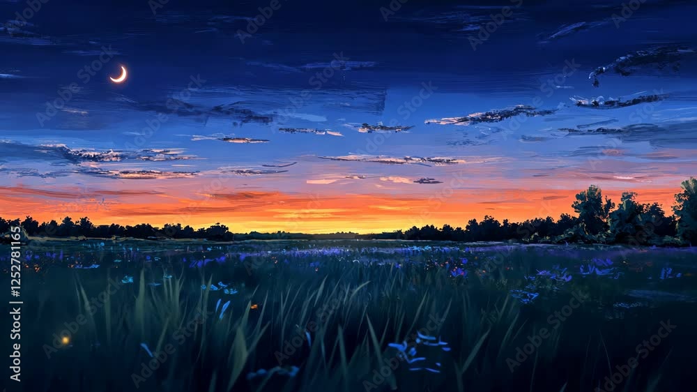 Vibrant sunset landscape with moon and colorful sky over a tranquil field at twilight