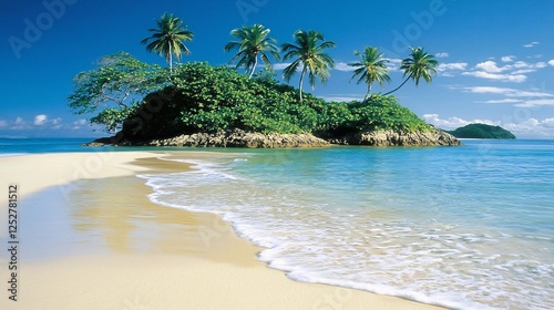 Tropical Island Paradise with Sandy Beach and Clear Turquoise Waters under a Blue Sky