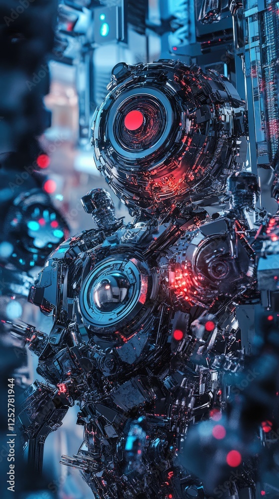 Complex robotic figure, glowing red and blue. Complex robotic figure, glowing red and blue.