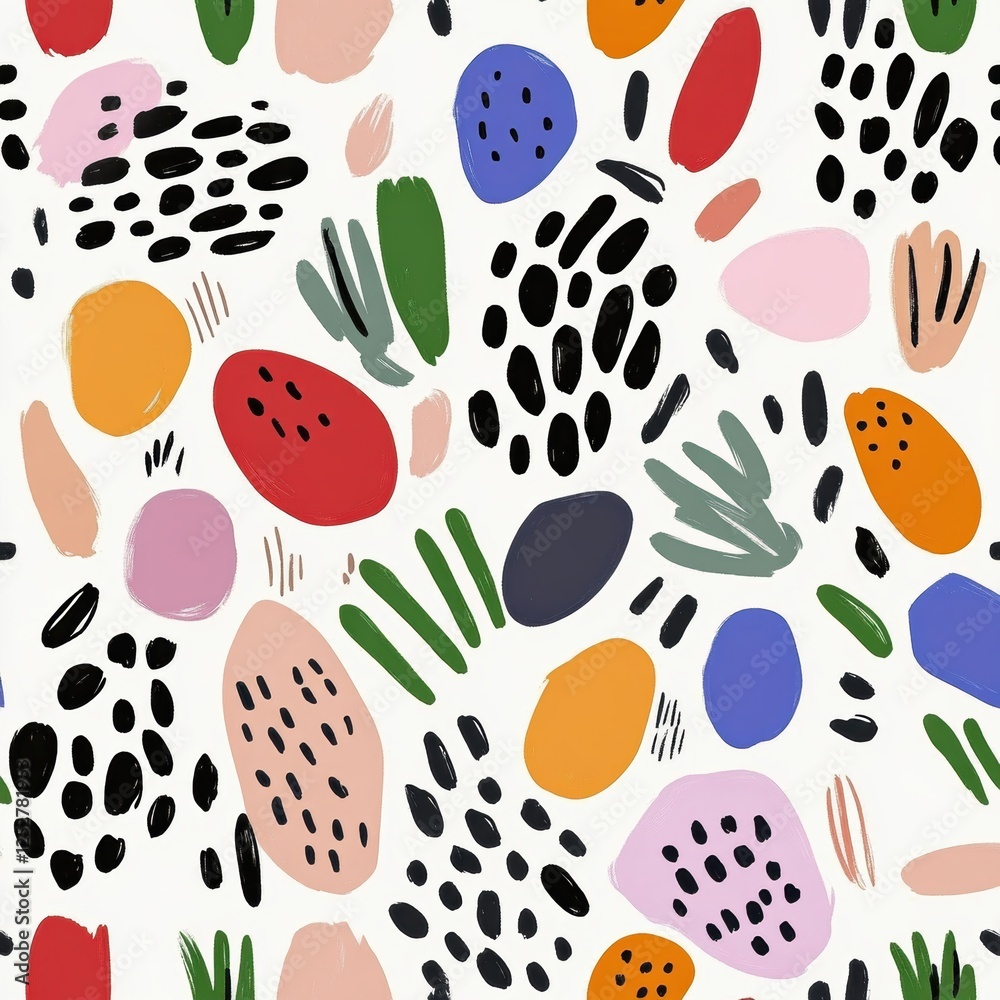 Fototapeta premium seamless pattern featuring colorful abstract shapes and organic doodles white background, creating playful and artistic design. pattern includes various colors like orange, blue, green, and pink