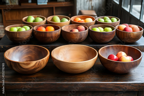 Wooden Fruit Bowls On Dark Wood Table photo