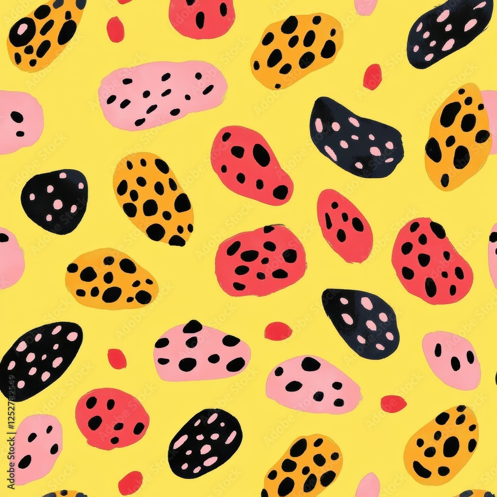 Colorful pattern with tiger spots on a bright yellow background with pink, red and black elements. Colorful pattern with tiger spots on a bright yellow background with pink, red and black elements.
