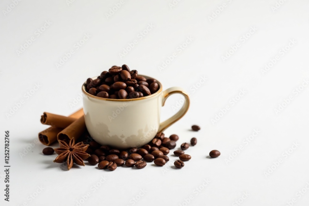 Obraz premium Aromatic Coffee Beans in a Ceramic Cup with Cinnamon Sticks and Star Anise