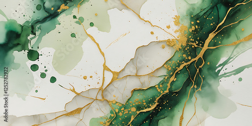 Golden green shiny veins and cracked marble texture background, created by generative AI