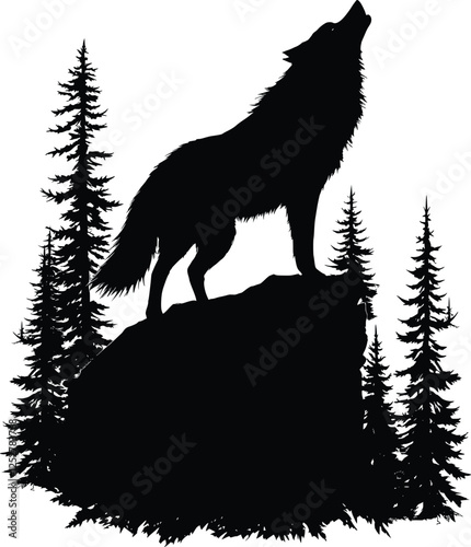 A striking black-and-white silhouette of a lone wolf howling on a rocky cliff, surrounded by pine trees in a misty forest. Clean, sharp edges and detailed negative space.