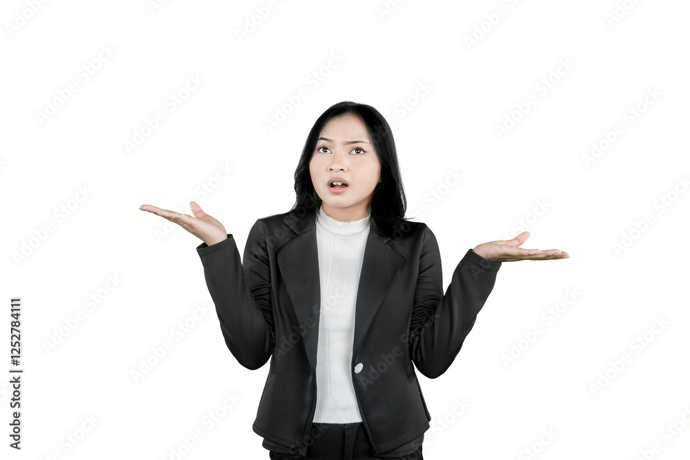 Confused Businesswoman Shrugging with Uncertain Expression in Formal Attire on White Background Confused Businesswoman Shrugging with Uncertain Expression in Formal Attire on White Background