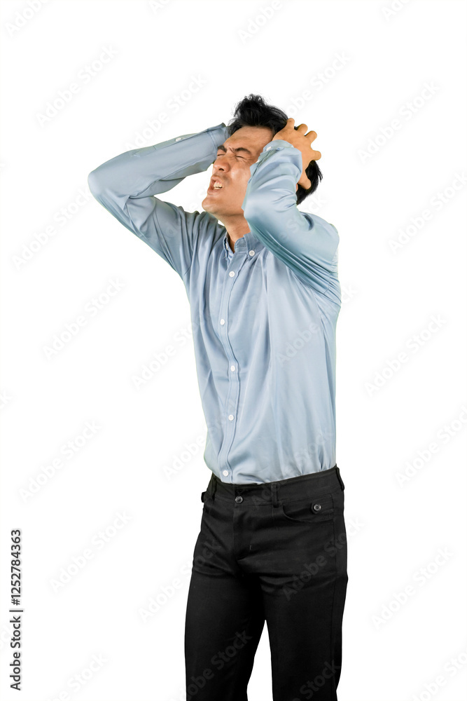 Stressed Young Man in Business Attire Clutching Head in Frustration, Isolated on White Background Stressed Young Man in Business Attire Clutching Head in Frustration, Isolated on White Background