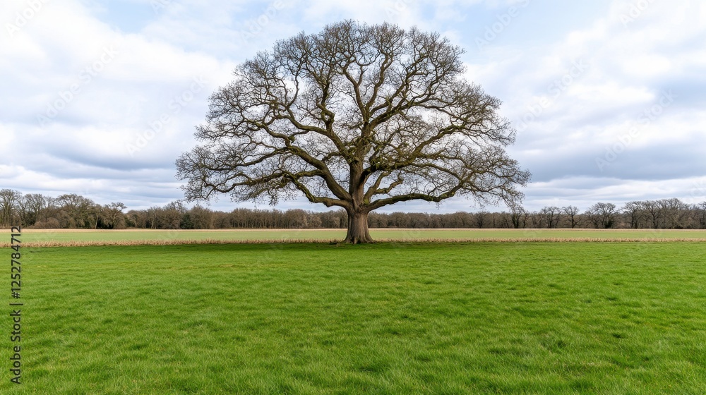 Solitary Tree in Expansive Green Field Under Cloudy Sky Surrounded by Distant Trees Solitary Tree in Expansive Green Field Under Cloudy Sky Surrounded by Distant Trees