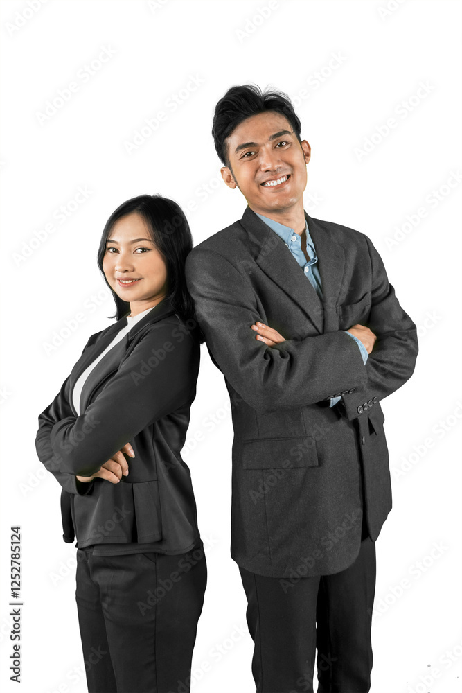 Smiling Business Team Standing Back-to-Back in Professional Attire Smiling Business Team Standing Back-to-Back in Professional Attire