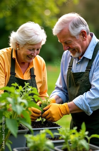 Portrait of happy elderly women and man planting fresh tomato seedlings on blurred background of spring vegetable garden on bright sunny morning. Vertical concept of elderly couple lifestyle