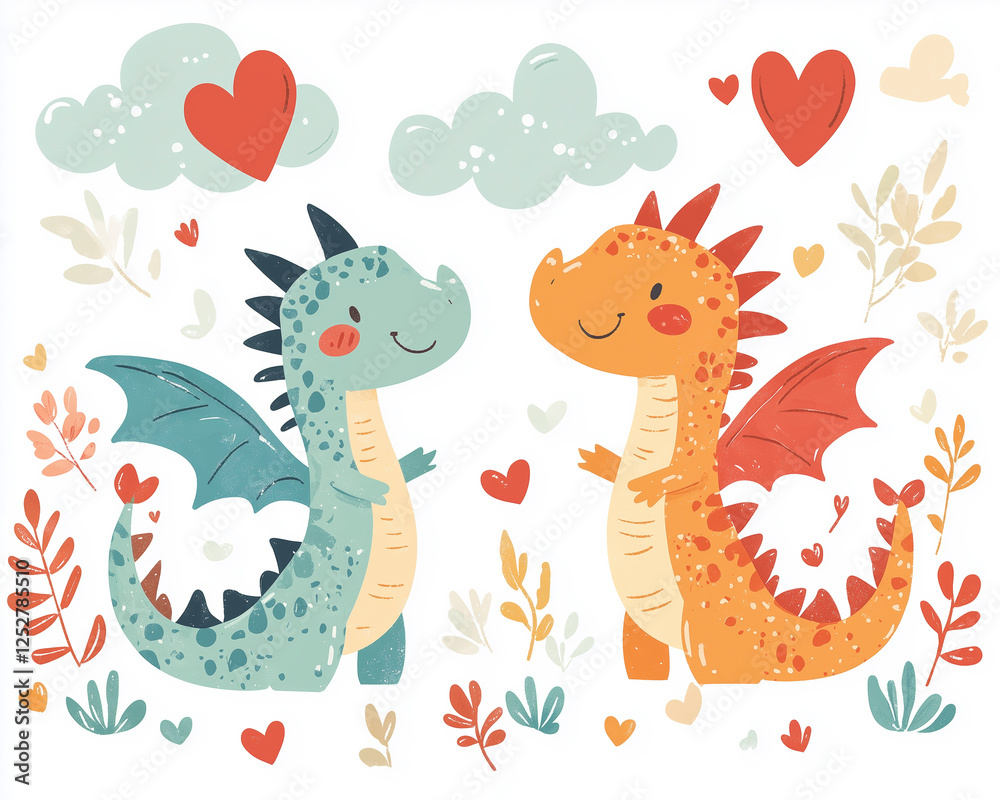 Fototapeta premium Charming illustration of dragons dancing in a bright sky for kids' use.