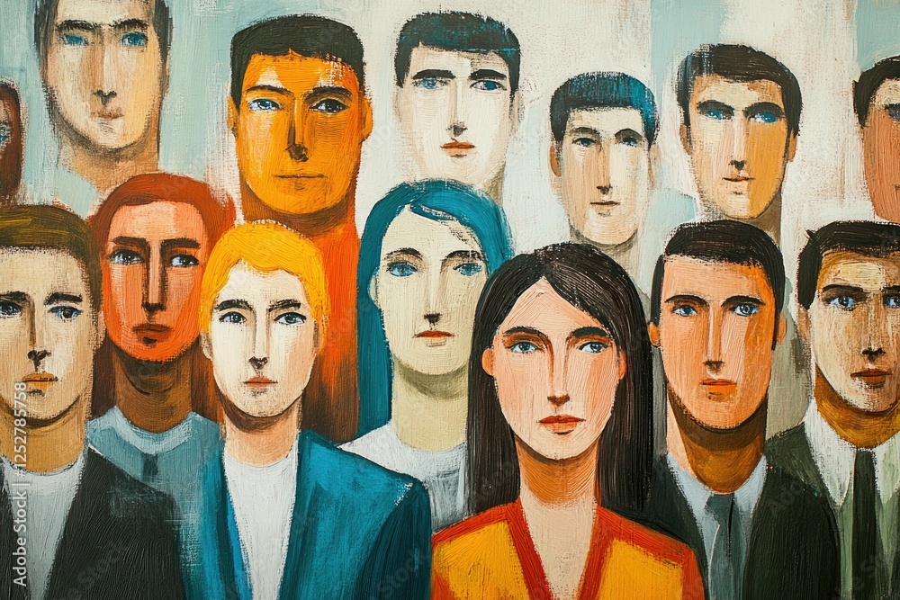 Group portrait, stylized faces, painted texture.