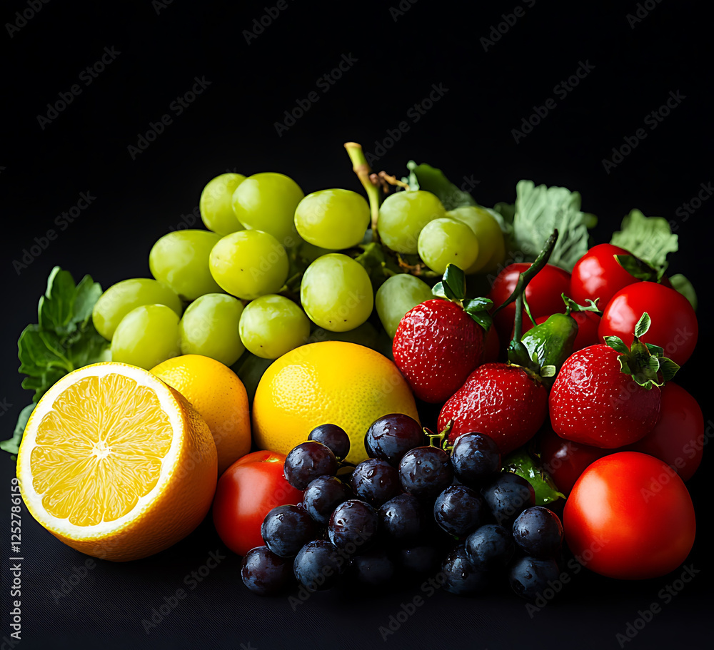 Fresh fruits and vegetables including grapes, strawberries, and tomatoes arranged beautifully on black background, creating vibrant and colorful display Fresh fruits and vegetables including grapes, strawberries, and tomatoes arranged beautifully on black background, creating vibrant and colorful display