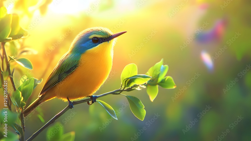 Obraz premium Vibrant Bird Perched on Branch with Sunlight Background and Foliage