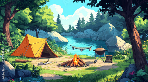 Wallpaper Mural Camp tent near pond in forest vector background. Cartoon adventure illustration with tree, ax and hammock to rest, summer holiday. Grill picnic recreation in vacation expedition, sea cost with rock Torontodigital.ca