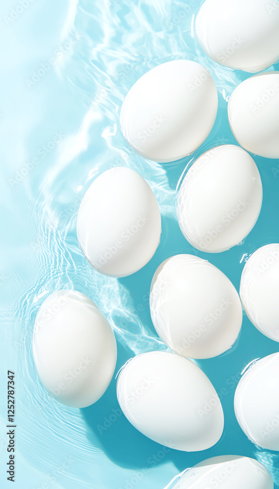 White eggs floating on soft blue surface, creating serene and minimalist composition, highlighting their simplicity. White eggs floating on soft blue surface, creating serene and minimalist composition, highlighting their simplicity.