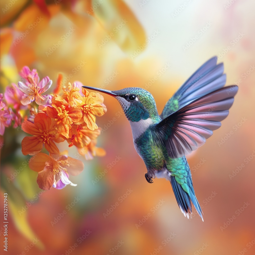 A close-up of a hummingbird hovering near a flower, with vibrant wings in motion A close-up of a hummingbird hovering near a flower, with vibrant wings in motion