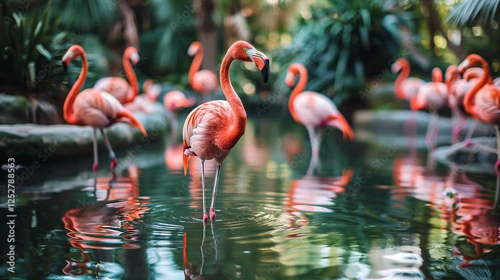 Group of Pink Flamingos Standing in Water with Lush Greenery Group of Pink Flamingos Standing in Water with Lush Greenery
