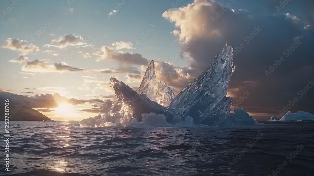 Majestic Ice Formation at Sunrise in a Tranquil Sea with a Dramatic Sky Majestic Ice Formation at Sunrise in a Tranquil Sea with a Dramatic Sky