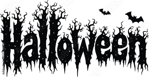 Halloween silhouette text with spooky lettering, eerie pumpkin shapes, bats, and ghostly accents