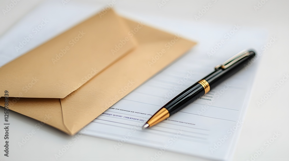 Elegant Envelope and Pen on Clean White Background Elegant Envelope and Pen on Clean White Background