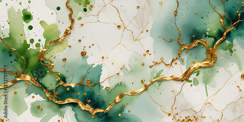 Golden green shiny veins and cracked marble texture background, created by generative AI