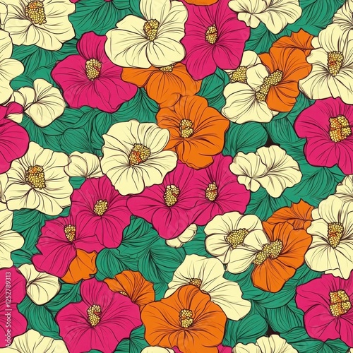 Wallpaper Mural Floral Symphony Seamless Pattern: A vibrant and intricate seamless pattern featuring a colorful array of stylized flowers, boasting a rich tapestry of pink, orange. Torontodigital.ca