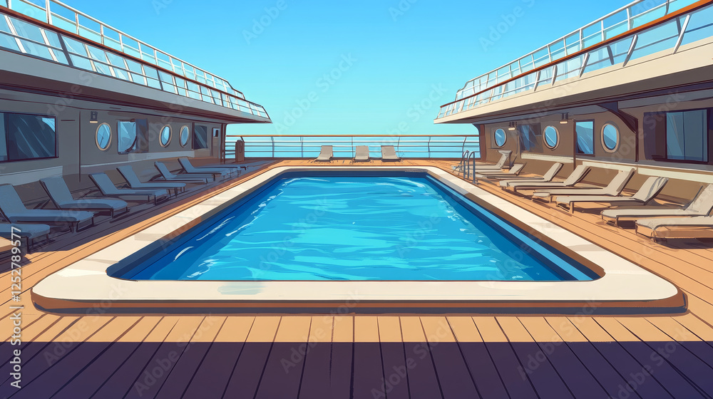 Fototapeta premium Swimming pool on cruise liner, empty ship deck with sun loungers, wooden floor and door portholes. Modern luxury sailboat in sea or ocean. Passenger vessel with water pond, Cartoon vector illustration