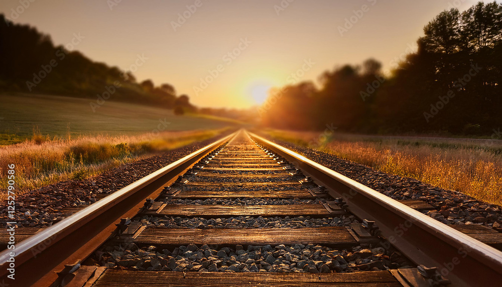 Fototapeta premium Golden hour over railway tracks. Depth and symmetry in a scenic landscape. 